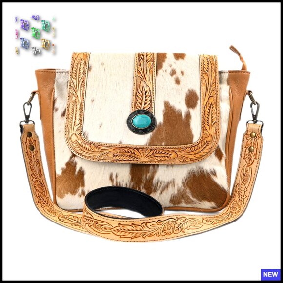 Leather Crossbody Bag Floral Tooled Adjustable Shoulder Purse Multipocket Chic